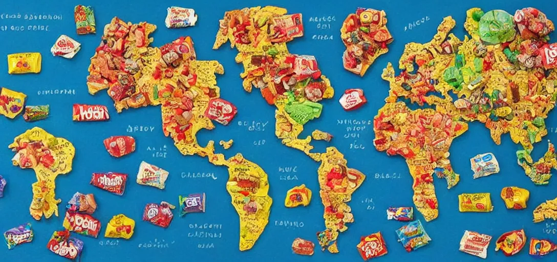 Image similar to an accurate world map made of candy, in the style of a treasure map