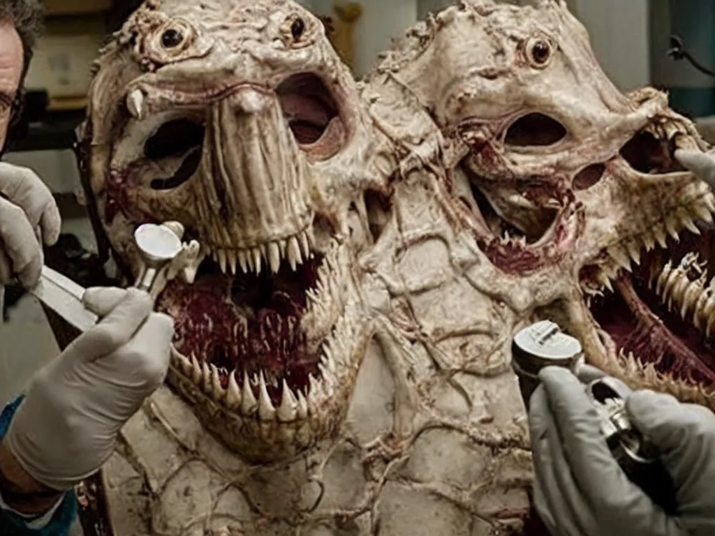 Prompt: movie still b - grade horror film budget production dentist wearing a facemask drilling the teeth of a very scary dangerous biomechanical crocodile creature made of bone, bulging wide eyes, wes craven stanley kubrick david cronenberg george a romero guillermo del toro sharp focus
