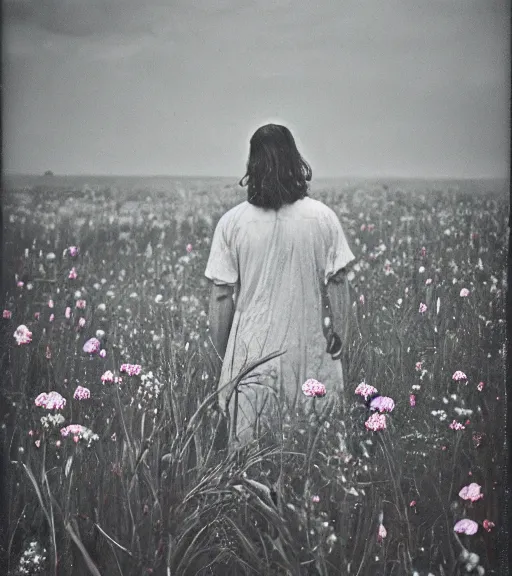 Image similar to mystical death god standing in tall meadow of flowers, distant, vintage film photo, grainy, high detail, high resolution