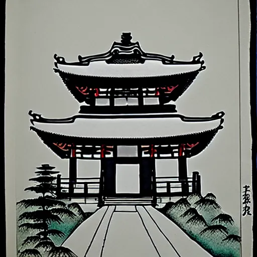 Prompt: zen temple on the mountain, ink