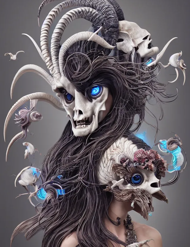 Image similar to 3 d goddess goat skull half - turn portrait with long hair with ram skull. beautiful intricately detailed japanese crow kitsune mask and clasical japanese kimono. betta fish, jellyfish phoenix, bio luminescent, plasma, ice, water, wind, creature, artwork by tooth wu and wlop and beeple and greg rutkowski