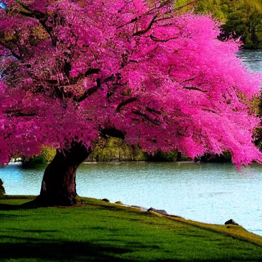 Image similar to Pink tree beside a large lake, landscape in the style of the lego movie