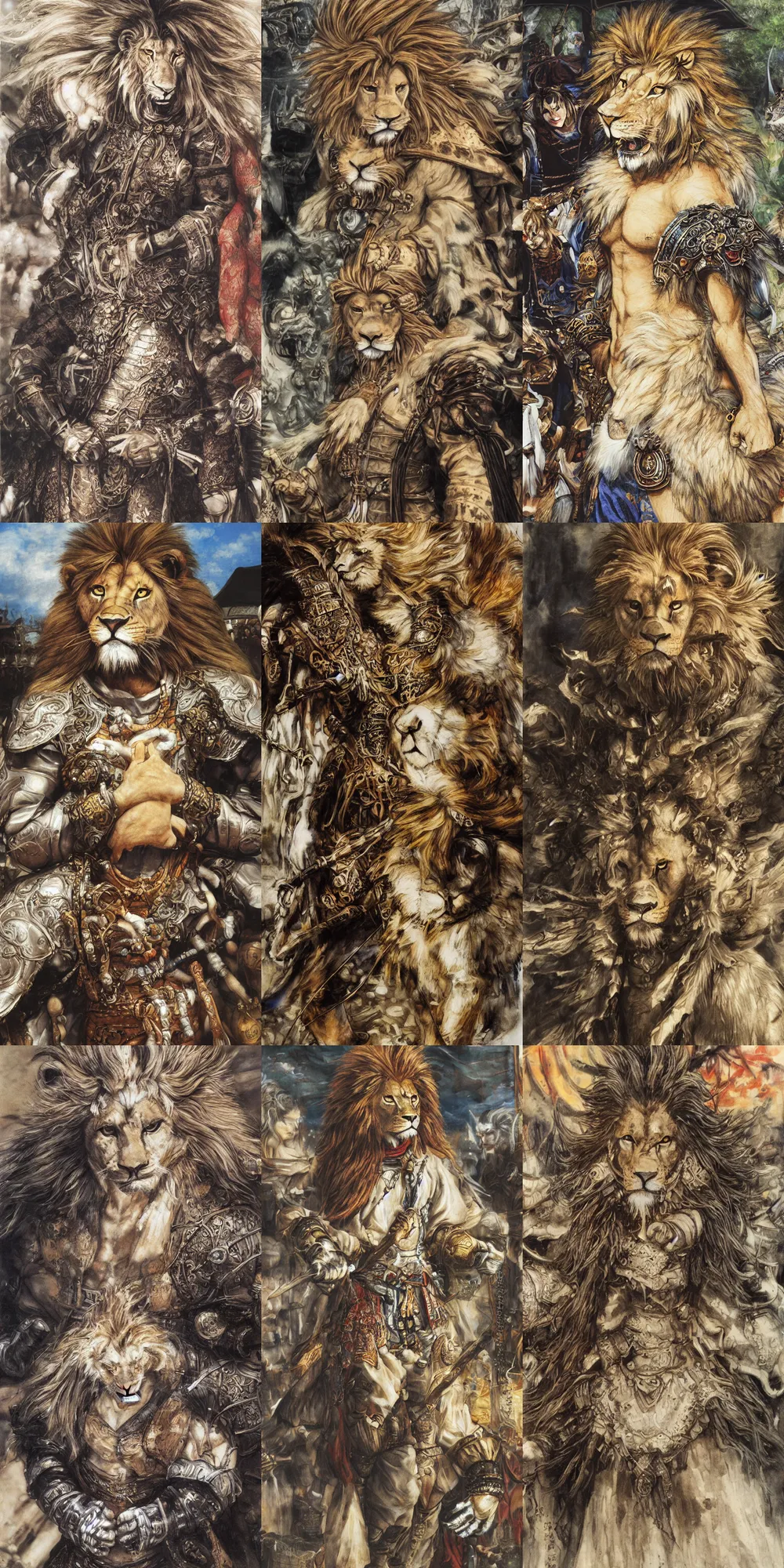 Image similar to 8 k yoshitaka amano painting of upper body of a young cool looking lion beastman with white mane at a medieval market at windy day. depth of field. he is wearing complex fantasy clothing. he has huge paws. renaissance style lighting.