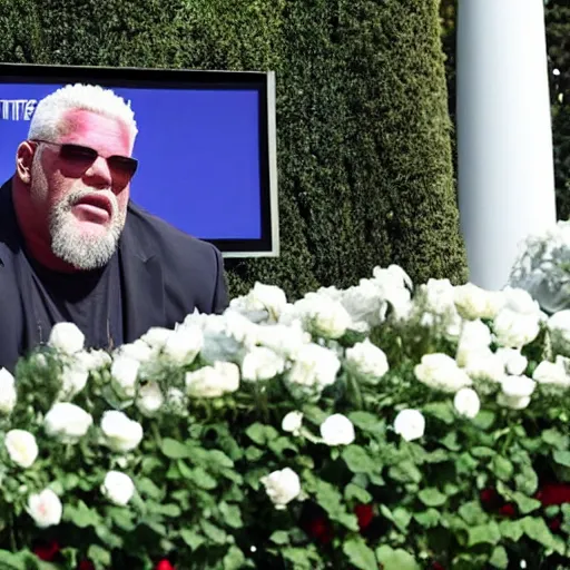 Image similar to realistic photo of big poppa pump scott steiner with no shirt and a chainmail coif standing behind the podium during a press conference at the white house rose garden