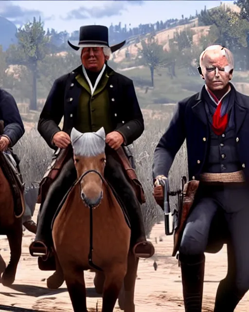 Image similar to Donald Trump, Joe Biden and Hillary Clinton in RDR2. They are robbing a stagecoach as a team. Alex Jones is riding the stagecoach. gameplay screenshot