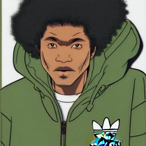 Image similar to illustration by katsuhiro otomo, black man with afro hair, stubble, wearing an adidas army green jacket, in the streets of tokyo, akira style, by katsuhiro otomo