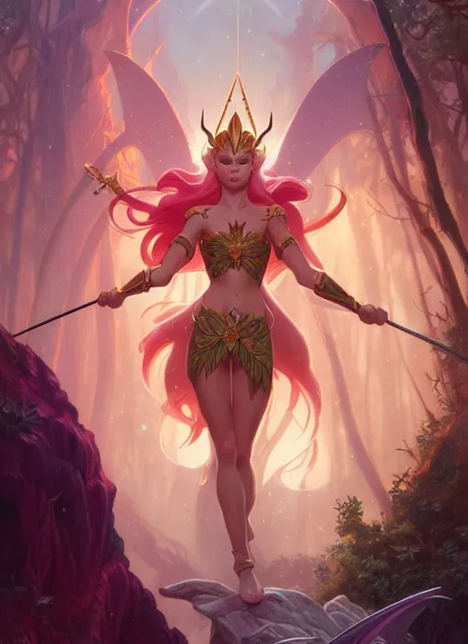 Prompt: she - ra in the enchanted mystical forest, d & d, fantasy, intricate, elegant, highly detailed, digital painting, artstation, concept art, smooth, sharp focus, illustration, art by artgerm and greg rutkowski and alphonse mucha