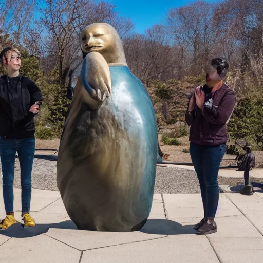 Prompt: humans praying to a statue of a giant obsidian evil baby harp seal ultra modern statue, Leica, 4k photo