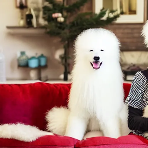 Prompt: realistic, sharp, several white and fluffy samoyeds sitting on the couch wearing birthday hats and smiling to you, happy, cute