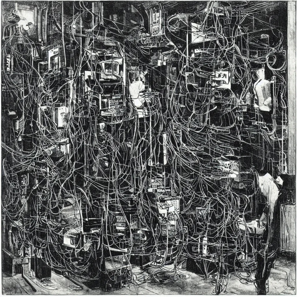 Prompt: An engraving by Max Ernst showing Max Ersnt in a datacenter, cables, pipes, oil, computers, 1929