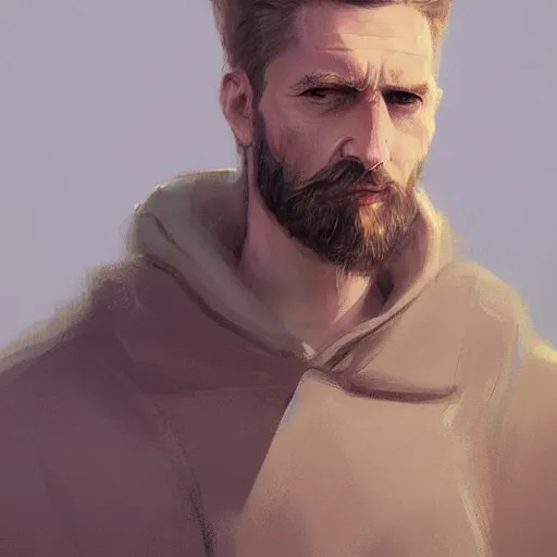 Image similar to Portrait of a man by Greg Rutkowski, he is about 40 years old, short blond quiff hair, trimmed beard, roman nose, wearing beige sweater, smart appearance, highly detailed portrait, digital painting, artstation, concept art, smooth, sharp foccus ilustration, Artstation HQ.