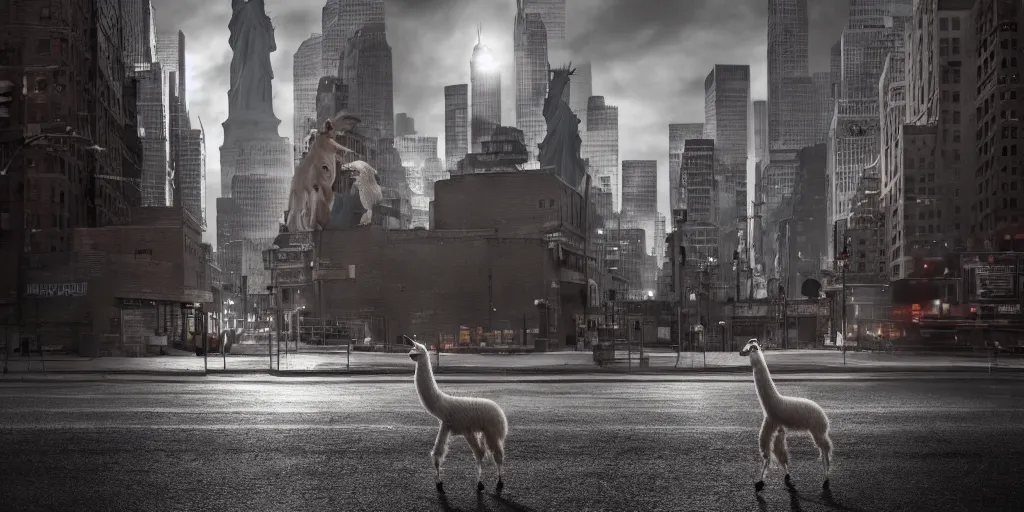 Image similar to a llama walking through a desolate manhattan city street at night, statue of liberty seen in the background, realistic 4 k octane beautifully detailed render, 4 k post - processing, highly detailed, detailed face, intricate complexity, epic composition, magical atmosphere, cinematic lighting, masterpiece, color picture, ultra hd