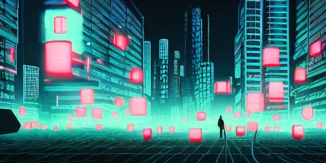 Image similar to large glowing cubes floating in the middle of a cyberpunk tokyo 2 0 9 9 city, in the art style of dan mumford and marc simonetii, atmospheric lighting, intricate, volumetric lighting, beautiful, sharp focus, ultra detailed