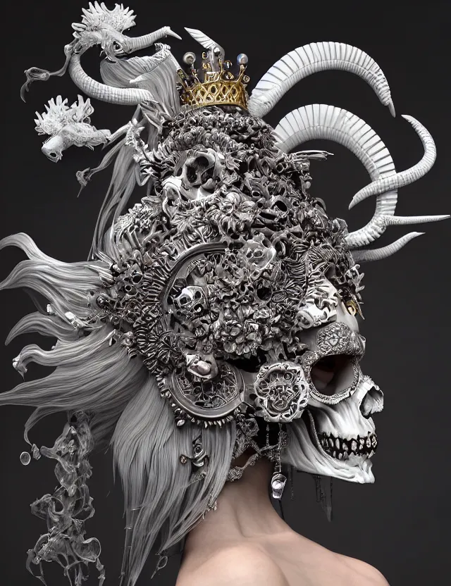 Image similar to 3 d goddess close - up profile skull biohazard portrait with crown, ram skull. beautiful intricately detailed japanese crow kitsune mask and clasical japanese kimono. betta fish, jellyfish phoenix, bio luminescent, plasma, ice, water, wind, creature, artwork by tooth wu and wlop and beeple and greg rutkowski