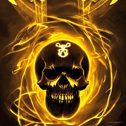 Prompt: divine skull symbol glowing in white yellow light spell scroll art by artgerm and greg rutkowski and Craig Mullins, James Jean, Andrey Ryabovichev, Mark Simonetti and Peter Morbacher 16k