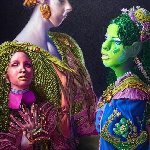 Image similar to a highly detailed painting. Beautiful twin sisters are being looked at by the musician Prince. He is green with jealousy. Trending on Artstation.