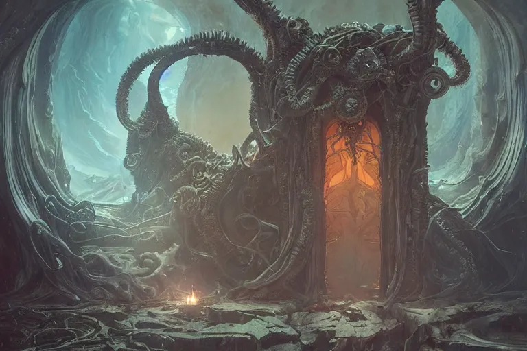 Image similar to a lovecraftian painting of a demonic portal, cosmic horror elements, ultra realistic, concept art, intricate details, eerie, highly detailed, photorealistic, octane render, 8 k, unreal engine. art by artgerm and greg rutkowski and alphonse mucha