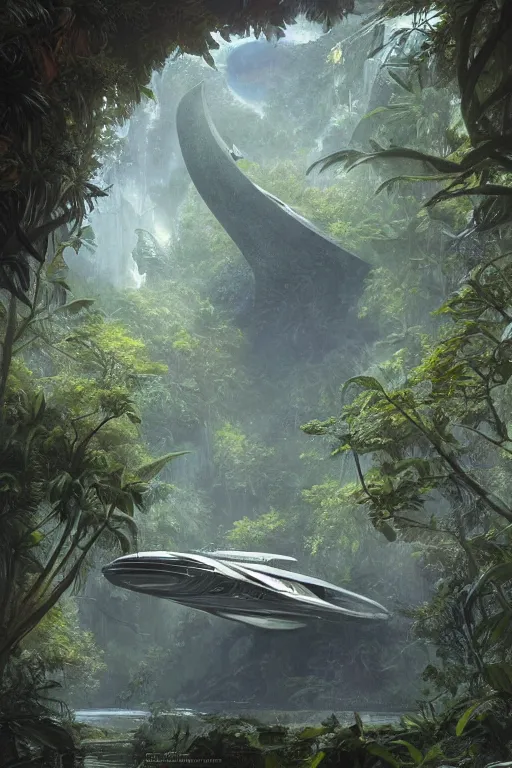 Image similar to a view of a frigate space ship in a magical tropical rain forest, D&D, fantasy, intricate, cinematic lighting, highly detailed, digital painting, artstation, concept art, smooth, sharp focus, illustration, art by Terry Moore and Greg Rutkowski and Alphonse Mucha