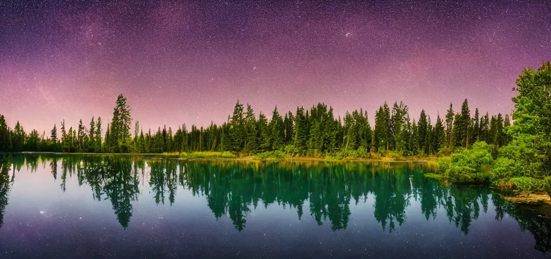 Image similar to a lake with pink flowing water under the stars surrounded by luscious trees