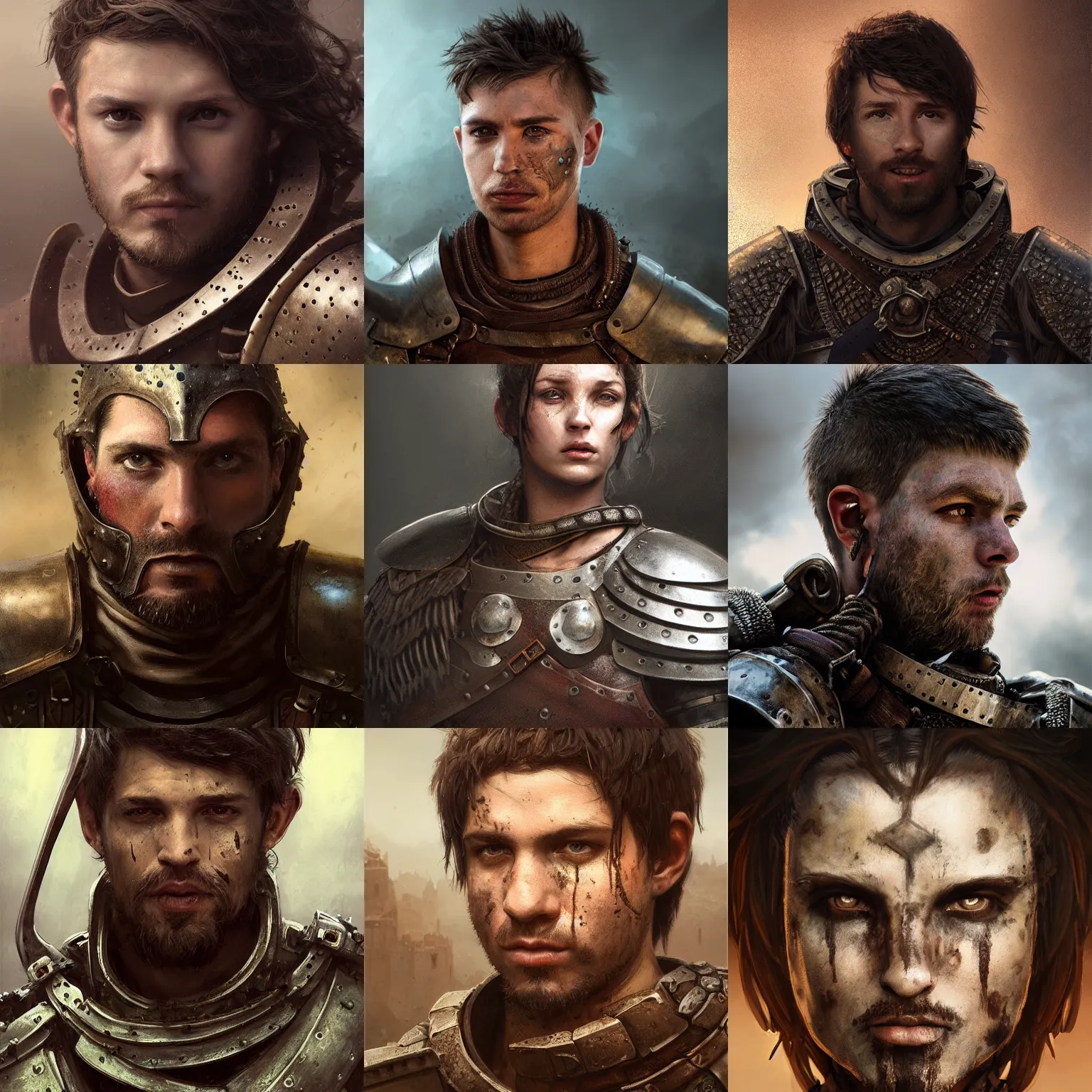 Prompt: headshot of male medieval warrior intricate chestplate, short brown hair, dirty face, realistic cinematic lighting, solid background, fantasy, photorealistic, octane renderer, award winning, greg rutkowski, wlop, yuumei, artgerm, tom bagshaw, donato giancola, wadim kashin, ilya kuvshinov, andrei markin