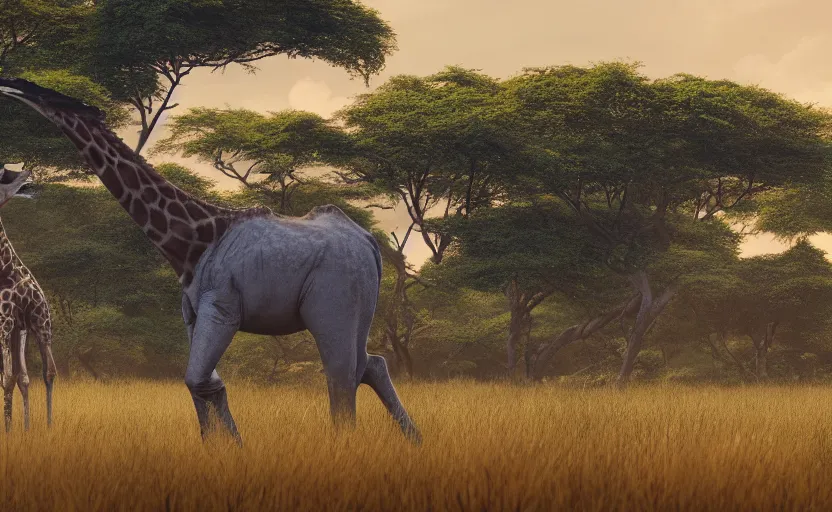 Prompt: the child of a blue whale and a giraffe, landscape of savanna, 4k, octane render, photorealistic, hyperrealism