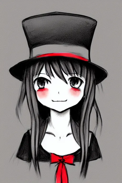 Image similar to highly detailed, cute loli in a tall black top hat, red bow, face profile, pencil sketch, gray scale, anime style