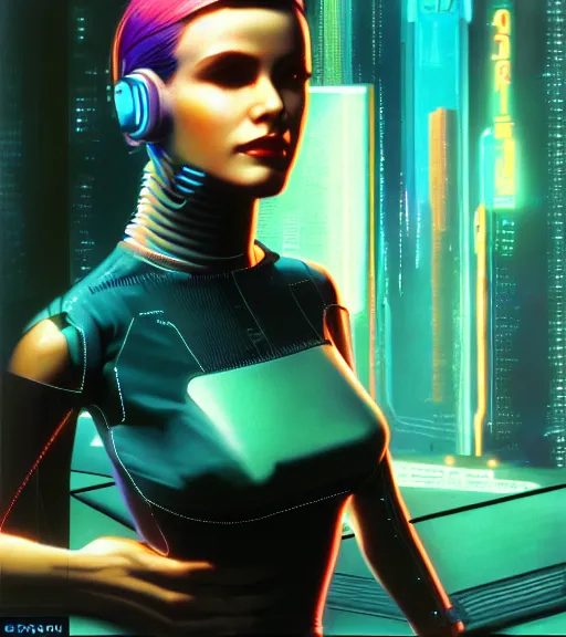 Image similar to cable inserted into head, jacked into cyberdeck wrist terminal, very very beautiful cyberpunk woman, computer, 1 9 7 9 omni magazine cover, style by vincent di fate, cyberpunk 2 0 7 7, very coherent, detailed, 4 k resolution, unreal engine, daz