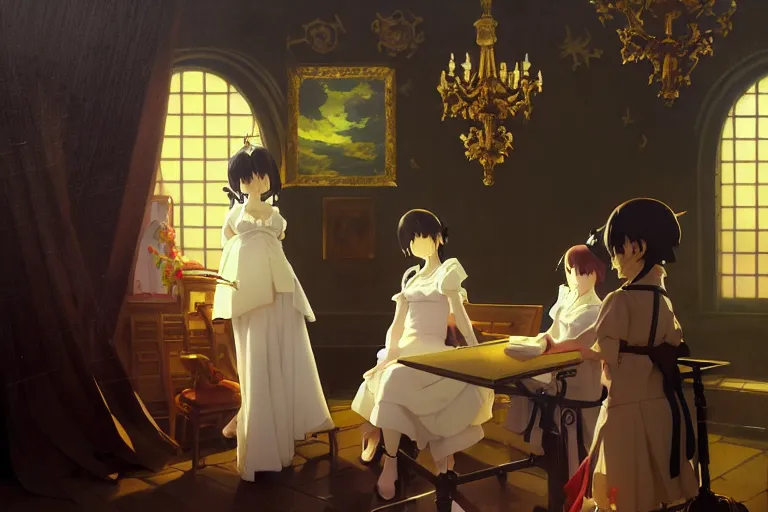 Image similar to baroque oil painting of key visual environment concept art of anime maid being sworn into presidential office, brutalist, dark fantasy, rule of thirds golden ratio, fake detail, trending pixiv fanbox, acrylic palette knife, style of makoto shinkai studio ghibli genshin impact jamie wyeth james gilleard greg rutkowski chiho aoshima