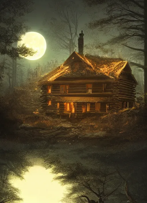 Image similar to an abandoned log house in an ancient bioluminescent forest, waxing moon, greg rutkowski, 8 k, shallow depth of field, intricate detail, concept art,