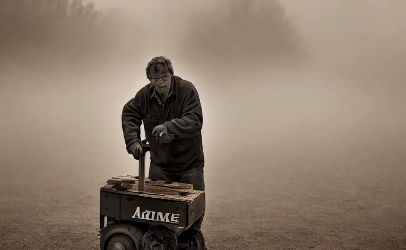 Prompt: a photographic portrait by Annie Leibovitz of man using a pallet jack, closeup, foggy, sepia, moody, dream-like, sigma 85mm f/1.4, 15mm, 35mm, 4k, high resolution, 4k, 8k, hd, full color