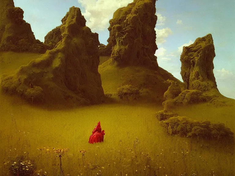 Image similar to an oil painting of a sacred sculpture in a vivid meadow on a beautiful morning by beksinski carl spitzweg and tuomas korpi. baroque elements, full-length view. baroque element. intricate artwork by caravaggio. Trending on artstation. 8k