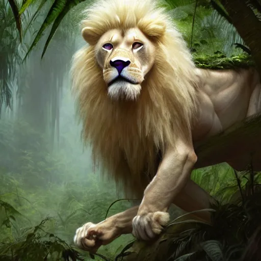 Image similar to commission portrait of a fit male anthro albino lion,dressed in jungle clothes,goung through a jungle.,dramatic,character design by charles bowater,greg rutkowski,ross tran,hyperdetailed,hyperrealistic,4k,deviantart,artstation,professional photography,concept art