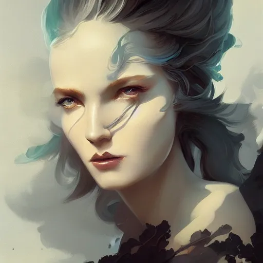Prompt: beautiful portrait of an angelic aesthetic stunning noir woman by Peter Mohrbacher and Ross Tran, cgsociety, artstation, fresco textured