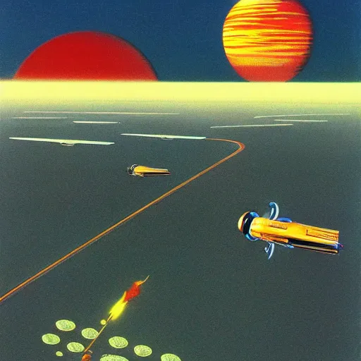 Prompt: flying highways and cars, personalized robots, journeys between planets. retro futurism, artwork by roger dean, by dean ellis,