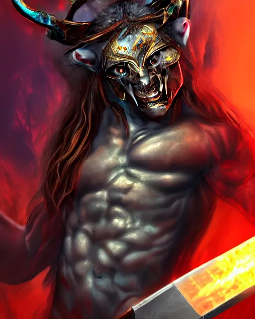 Image similar to minotaur from path of exile wielding 2 hand axe, portrait, anime, digital painting, highly detailed, intricate, trending on artstation