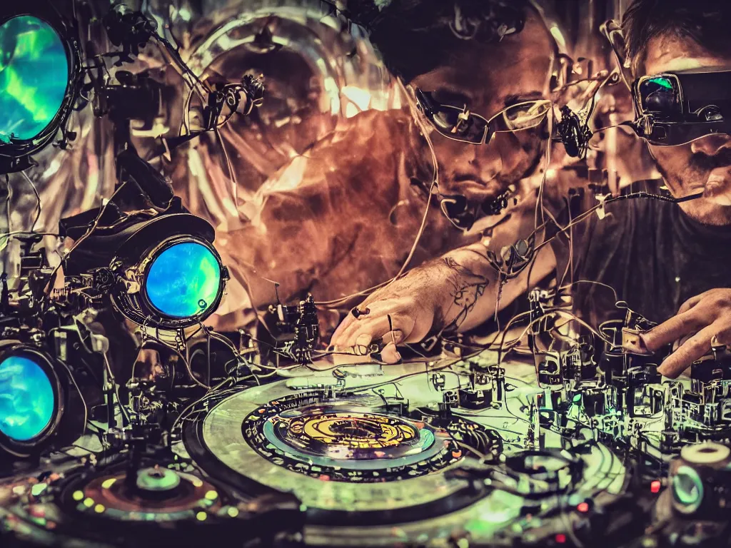 Image similar to a person wearing goggles and visor and headphones using a steampunk record player contraption, wires and tubes, turntablism dj scratching, intricate planetary gears, cinematic, imax, sharp focus, leds, bokeh, iridescent, black light, fog machine, hazy, lasers, hyper color digital art, cyberpunk