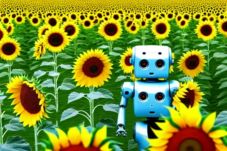 Image similar to a cute little robots at sunflower field. super realistic 8 k render of a elegant, cinematic composition