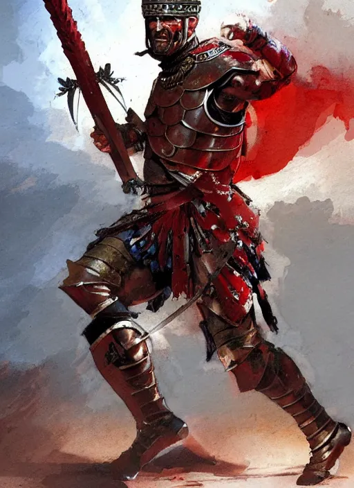 Image similar to muscular roman soldier with sword by simon bisley and greg rutkowski, full body red plate armor! dynamic battle pose, vivid color scheme