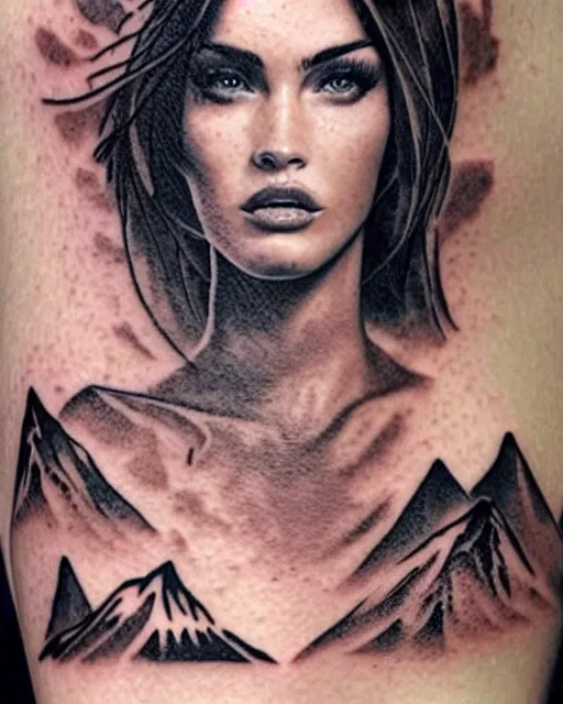 Image similar to creative double exposure effect tattoo design sketch of megan fox faded with beautiful mountain scenery, realism tattoo, in the style of matteo pasqualin, amazing detail, sharp