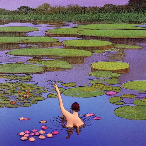 Prompt: A girl bathes in a lake where water lilies are floating, art by moebius, High definition, detailed,