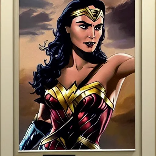 Image similar to Wonder Woman from Justice League movie with athletic body, Frank Frazetta painting