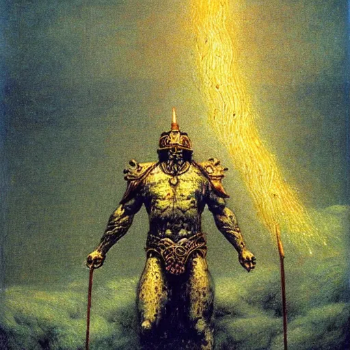 Prompt: zeus in golden thunder armor, wielding ornamented thunder bolt, beksinski