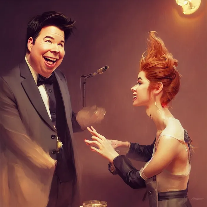 Image similar to michael mcintyre flirting with a singing waitress, elegant, real life skin, intricate artwork, high detailed, artstation, concept art, smooth, sharp focus, art by artgerm and greg rutkowski