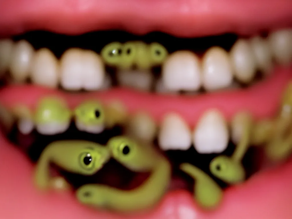 Image similar to a close up perfect photograph of an open mouth full of tadpoles and saliva. 3 5 mm film, studio lighting, perfect focus and rotting teeth