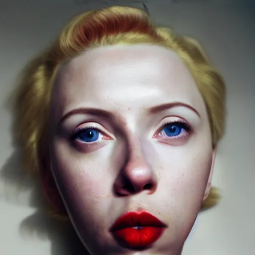 Image similar to realistic expired kodak film portrait of albino scarlet johansson, hyperrealism, photorealistic, detailed, atmospheric, 8 k, award winning photography, cinematic