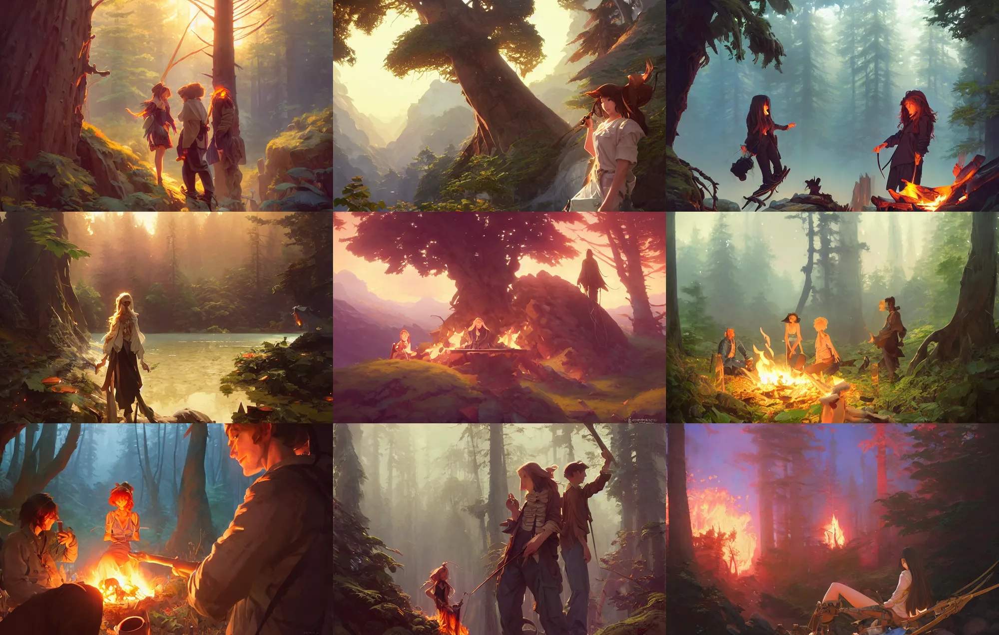 Prompt: sargent and leyendecker and greg hildebrandt, bonfire forest mountain travel with a cute woman with long hairs, anime, stephen bliss, unreal engine, fantasy art by greg rutkowski, loish, rhads, ferdinand knab, makoto shinkai, ilya kuvshinov, rossdraws, global illumination, radiant light, detailed and intricate environment