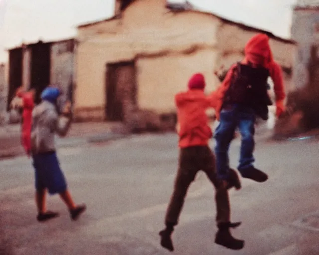 Image similar to lomo photo of roofjumpers climbing on roof of soviet hrushevka, small town, cinestill, bokeh, out of focus