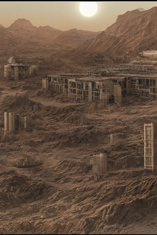 Image similar to industrial research lab brutalist arquitecture in a quarry in the middle of the desert of Mars planet at night dust storm concept art by yoshitaka amano and H.R. Giger, intricate detail, 8k, featured art