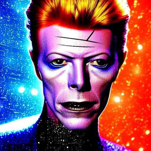 Prompt: portrait of david bowie wearing a rocknroll glitzy glamour spacesuit, beautiful, heroic action pose, stunning alien landscape, cinematic, dramatic studio lighting, close up, in the style of kubrick, ridley scott, jodorowsky, dune, star wars, transformers, moulin rouge, tron, science fiction, illustration, 3 d sculpture octane render