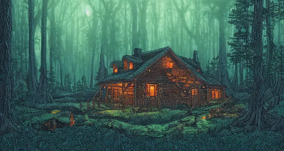 Prompt: A cozy cabin in a dense and dark enchanted forest with a swamp, by Dan mumford